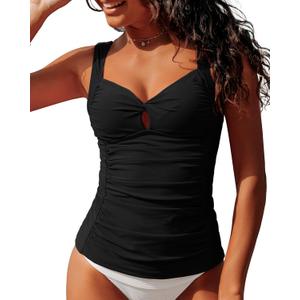 GRAPENT Tankini Tops for Women Twist Front Keyhole Bathing Suits Swim Tankini Swimsuits Padded Ruched Swimwear Top Only (Large, Black)