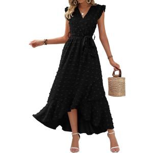 BTFBM Women V Neck Summer Dress 2025 Cap Sleeve Swiss Dot Boho Flowy Ruffle Slit Beach Party Long Maxi Cocktail Dresses (Large, Black)