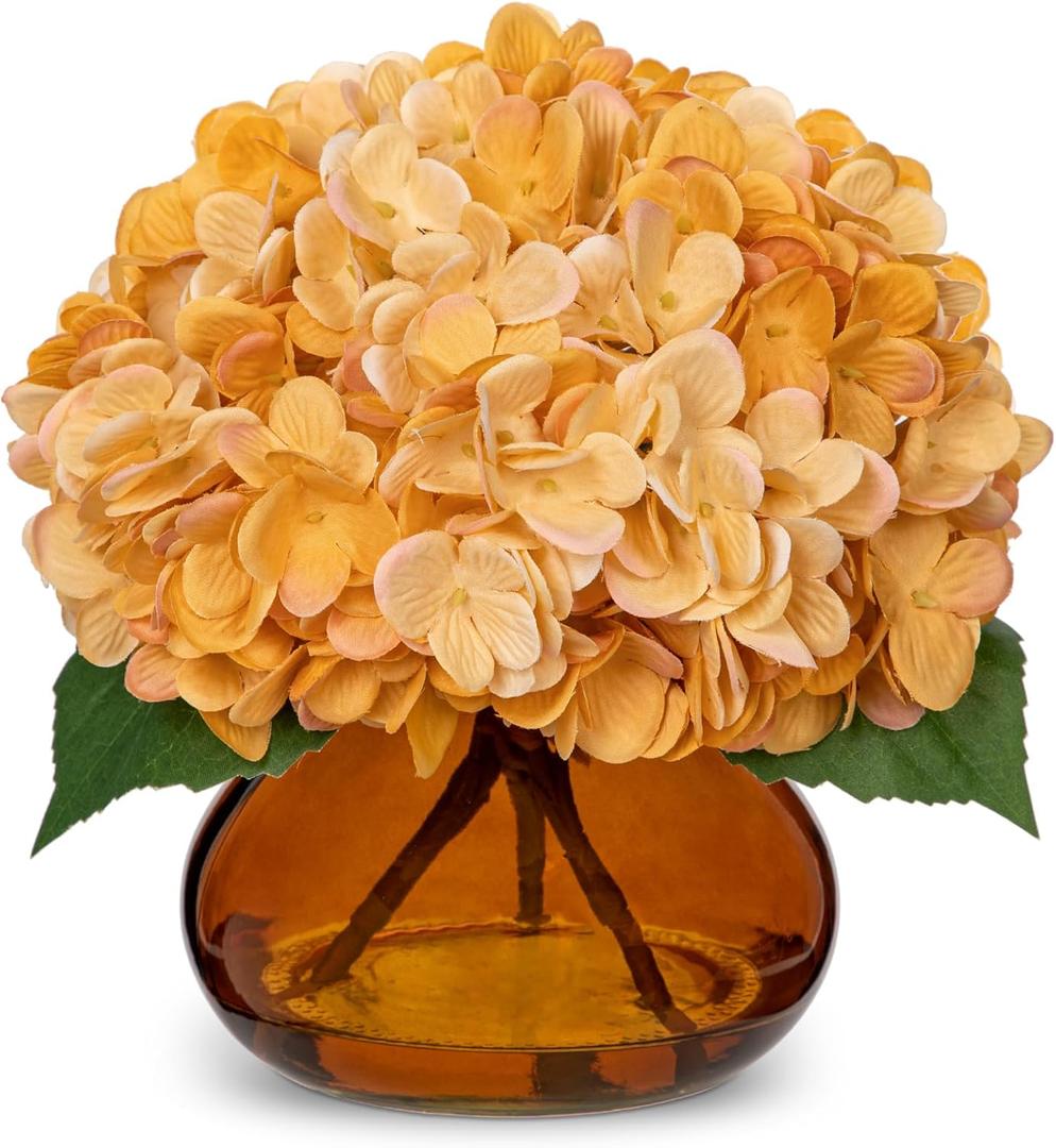 Hollyone Hydrangea Artificial Flowers with Glass Vase Yellowish Orange Silk Faux Flowers Arrangements in Vase with Faux Water Fake Floral Bulk Bouquet for Home Decor Table Centerpiece Decorations
