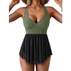 Women's One Piece Swim Dress Swimsuit Tummy Control Mesh Swimdress V Neck Bathing Suit Skirt Tie Back Swimwear (Army Greenblack), L