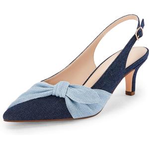 Coutgo Womens Bow Heels Slingback Pumps Low Kitten Heels Closed Pointed Toe Sandals Denim Dress Shoes Size: 7.5