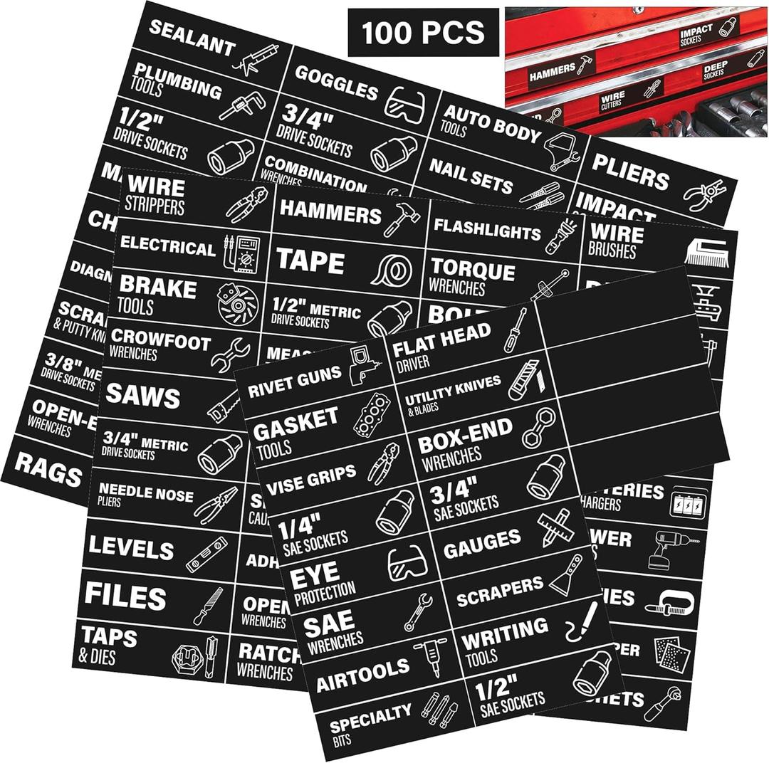 100 Magnetic Tool Box Labels with Icons, Pre-Printed Tool Chest Drawer Markers with 4 Blanks, Lightweight Magnet Tags for Steel Cabinet Organization & Garage Storage, 3 x 1 inch Black