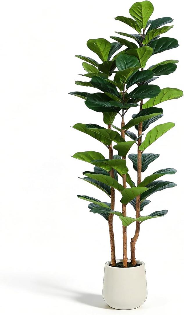 5ft Fake Fiddle Leaf Fig Tree, Realistic Fake Plants with Natural-Looking Trunk, Evergreen Faux Plants Indoor for Home & Office Decor3 Poles, White Pot