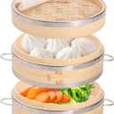Bamboo steamer basket set 8-inch, 2-tier dumpling steamer with side handles and 50pcs paper liners for buns, dim sum, dumplings, vegetables, and seafood.