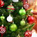 Waipfaru 94Pcs Red Green Christmas Ball Ornaments Set with Faux Fur Ribbon, Glittering Swirl Candy Cane Peppermint Balls for Christmas Tree Holiday Party Home Decoration