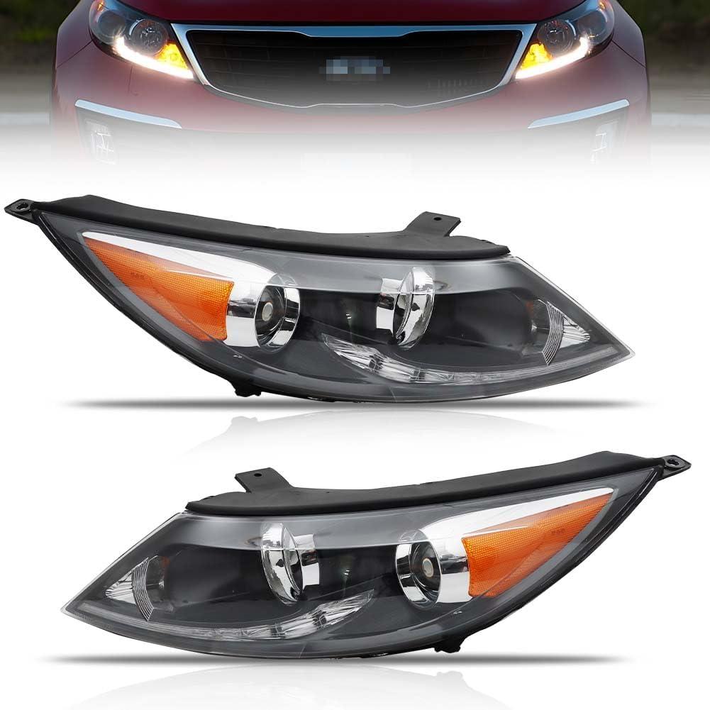 Headlight Assembly for 2013-2016 Sportage, Passenger & Driver Side Halogen Headlamp with [LED Daytime Running Light], Clear Lens Amber Reflector, (with Bulbs) 1 Pair, Replace# 921013W710
