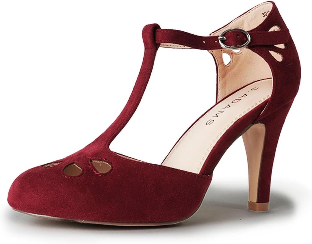 J. Adams Pepper Mary Janes - Vintage Cutout Low Kitten Heels Retro T Strap Pumps (8, Burgundy Vegan Suede)