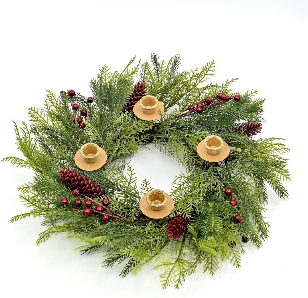 Seasons Christmas Advent Wreath, 18 inch Candle Holder Wreath, Traditional Decorations for Table Indoor Home & Church (Green)