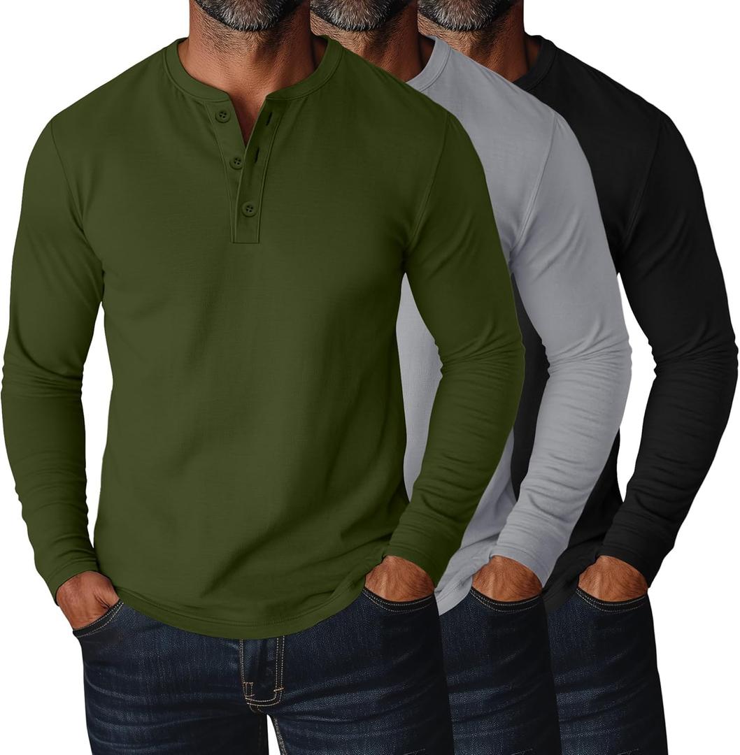 Ficerd 3 Pack Men's Big and Tall Henley T-Shirts Long Sleeve Plus Size Cotton Blend Tee Loose Fit Casual Fall Basic Tops (X-Large, Light Gray, Army Green, Black)