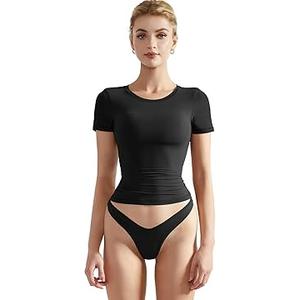 SUUKSESS Women Double Lined Fitted Basic Tee Crew Neck Short Sleeve Y2K Crop Top (Jet Black, Medium)