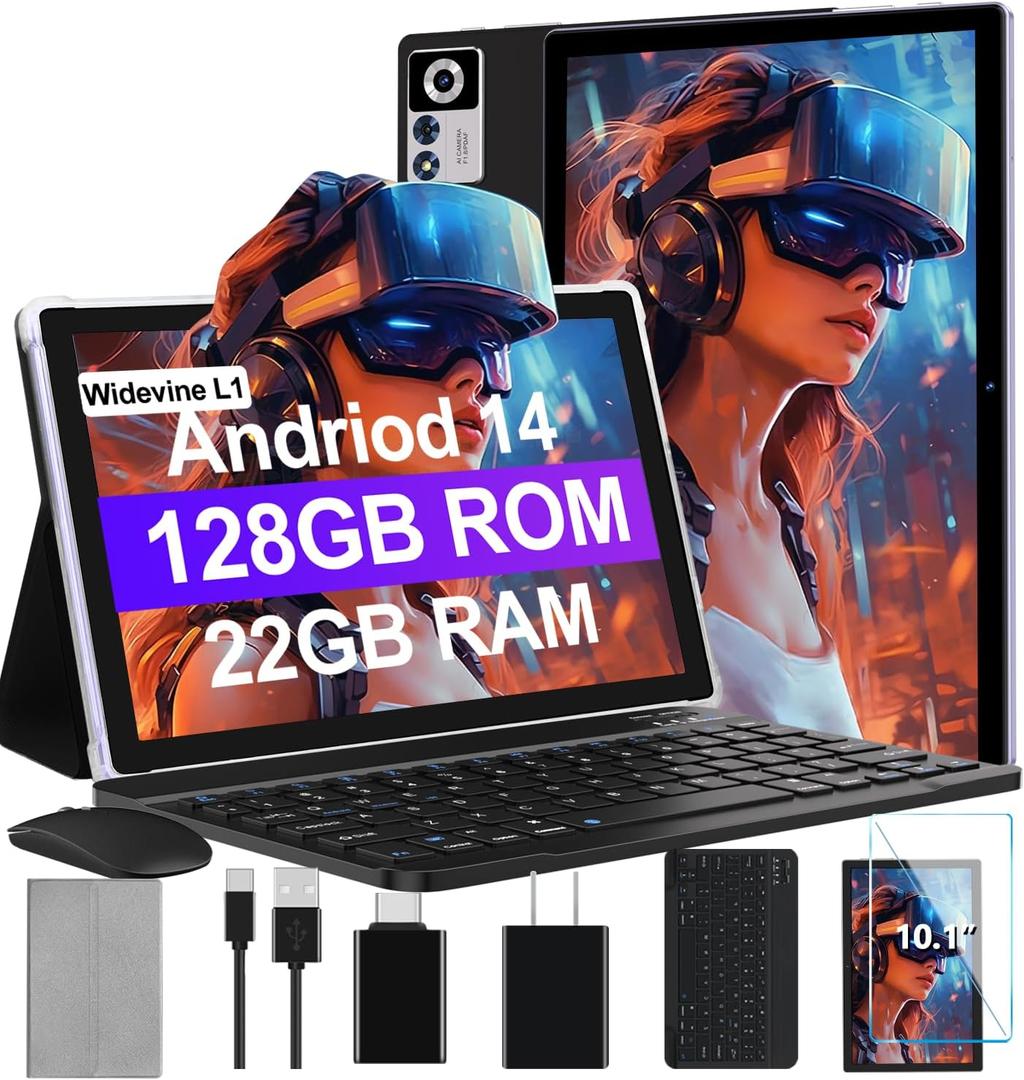2025 Android 14 Tablet 22GB RAM 128GB ROM 1TB Expand, 10.1 inch 8000mAh Octa-Core Tablet with Keyboard & Mouse, HD IPS Display, 5G Wi-Fi, Bluetooth 5.0, GPS, Widevine L1, Split Screen -Metal Black