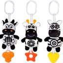 KAKIBLIN Baby Hanging Toy,3 Pack Black and White Sensory Toys for for 0 3 6 9 to 12 Months, High Contrast Soft Hanging Crinkle Squeaky Learning Toy with Teether for Boys Girls (21CM, Zebra,Deer&Cow)