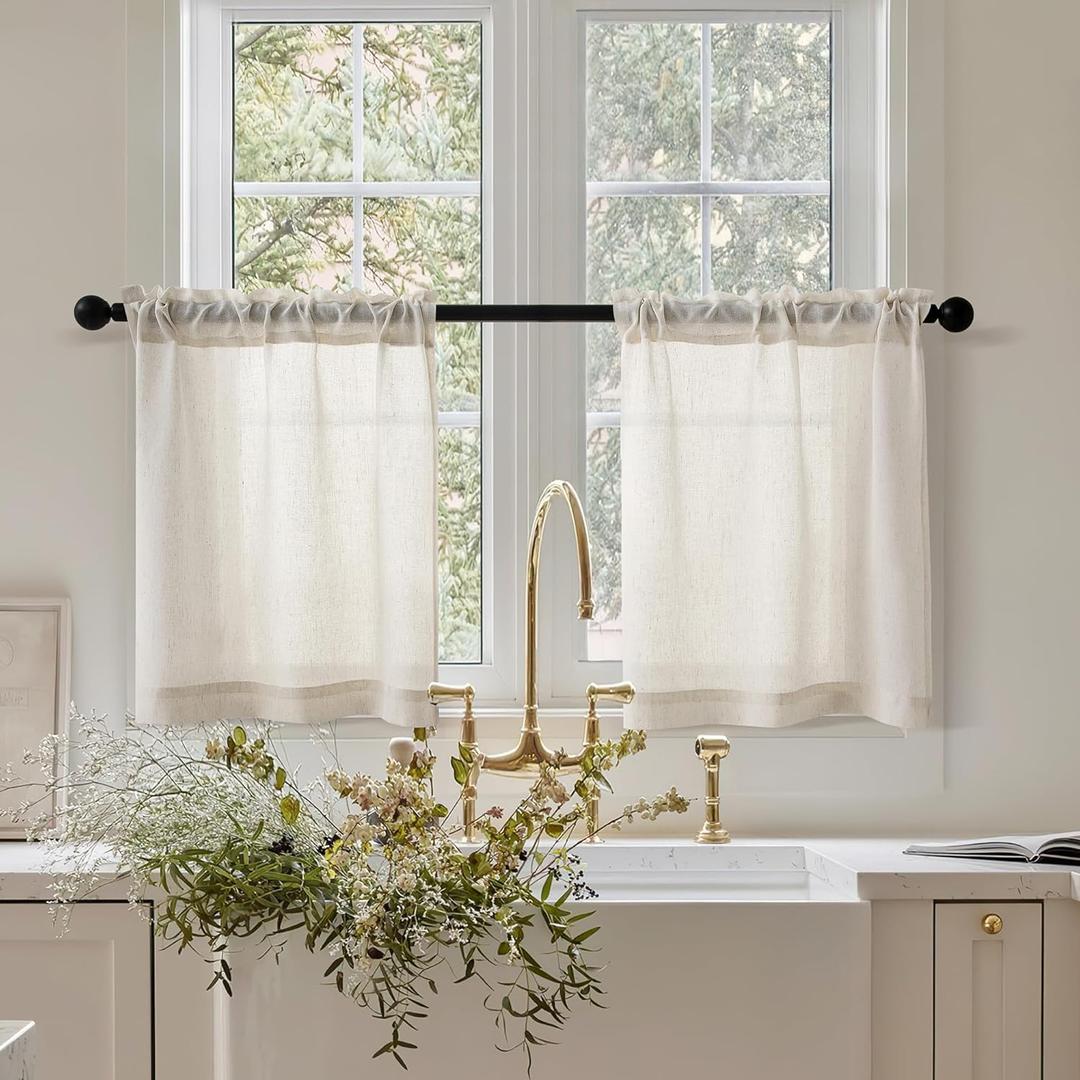 CUTEWIND Cream Linen Cafe Curtains 24 inch Length 2 Panel Set Rod Pocket Farmhouse Short Kitchen Window Curtains Over Sink Light Filtering Semi Sheer Small Window Drapes for Bathroom Camper W26xL24 (Natural)