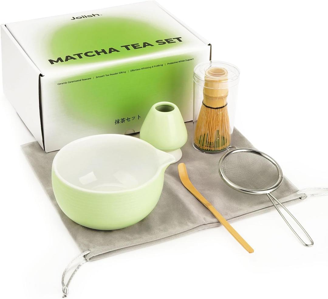 Matcha Kit Set, Ceramic Matcha Bowl with Spout & Holder, Bamboo Whisk, Sifter, Scoop, Traditional Japanese Matcha Tea Making Tools, Complete Gift Set 5-PC (Light Green)