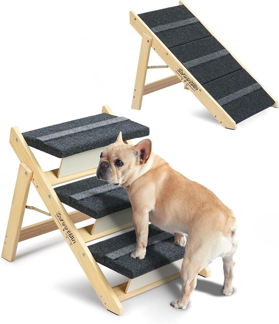 Wooden Dog Stairs& Dog Steps, 2-in-1 Foldable Dog Steps for Beds, Couch and Cars, Anti-Slip Pet Ramp with 3 Steps Indoor Pet Stairs for Small Medium Large Older Pet Cats up to 120lbs