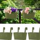 Meltset M 3 Pack Metal Railing Planters, 10.5" Oval Hanging Flower Pots with Detachable Hooks & Drainage Holes, Fits Rails up to 2.36", Galvanized Iron Fence Bucket for Balcony Garden Patio - Green