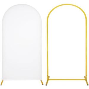 Metal Arch Stand and Cover Set,1 White Spandex Fitted Backdrop with 1 Gold Wedding Arched Stand Frame for Parties Birthday Baby Shower Bridal Banquet Decoration (6.6FT)