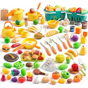 200Pcs Mini Play Kitchen Accessories for Kids, Pretend Cooking Playset with Cookware, Tableware & 2 Fruit Sets, Learning Gift for Girls, Boys, Toddlers, Yellow