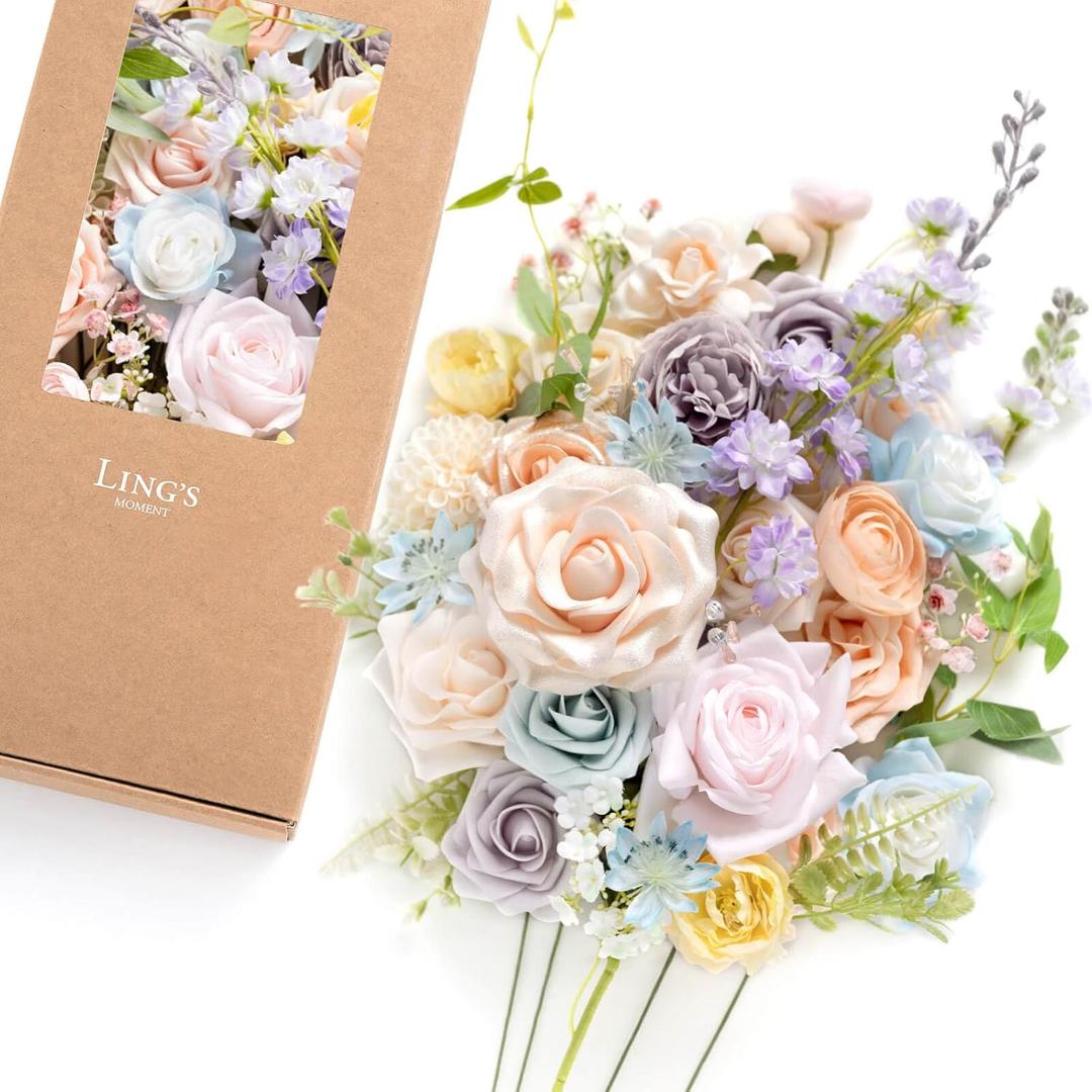 Ling's moment Fake Flowers Box, Faux Artificial Greenery Stems Foam Roses Gardenia Silk Ranunculus Fabic Flower for Centerpieces Bouquet Wedding Vase Decorations, Powder Blue & Peach, Deluxe Combo