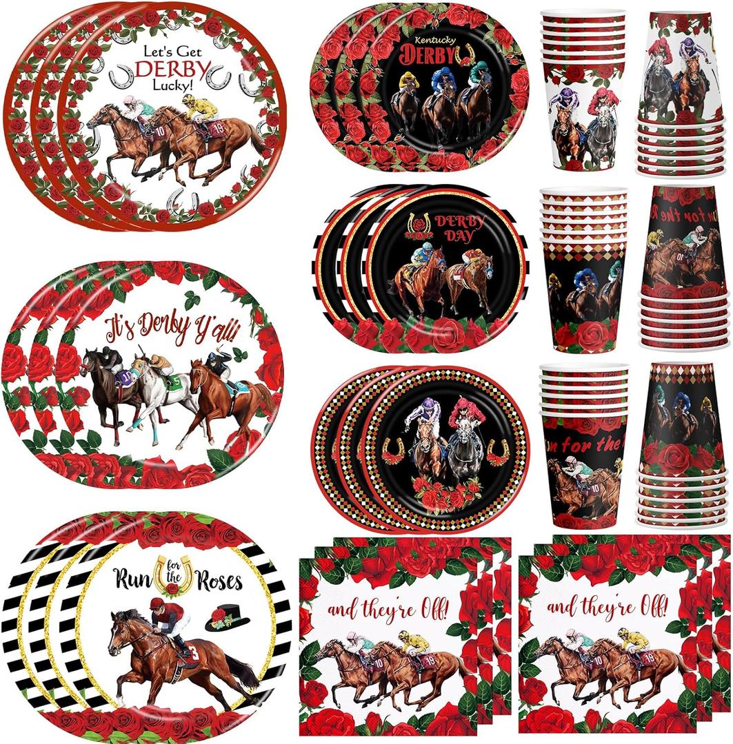 Race Party Tableware Set Horse Race 120pcs Disposable Paper Plates and Napkins for Race Party Decorations Cups for The Race Day Decor, Serve 30
