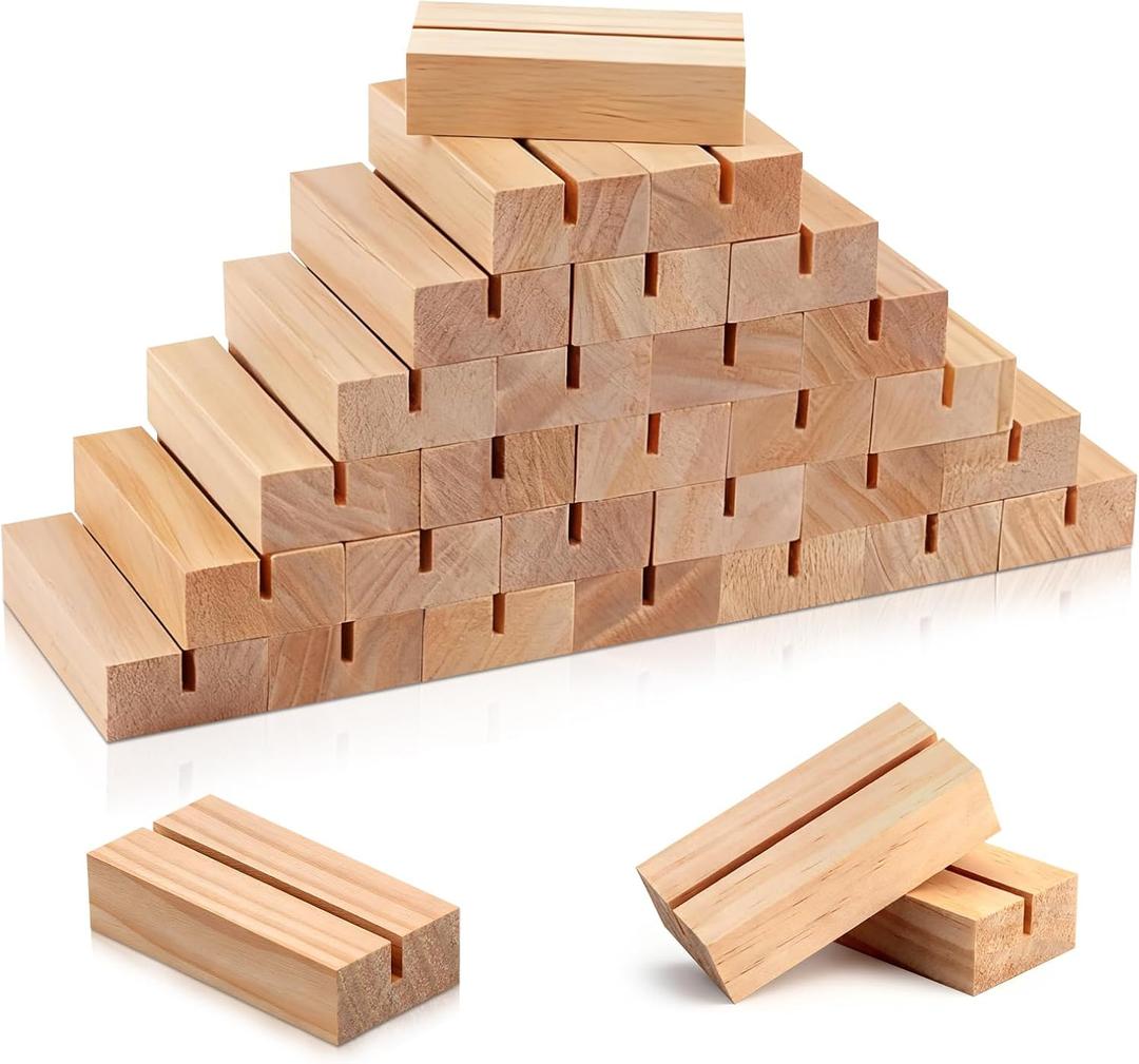 FSWCCK 30 Pieces Wood Place Card Holders Wood Table Number Stands Picture Holder Acrylic Sign Holders for Ceremony Birthday Party Home Decoration