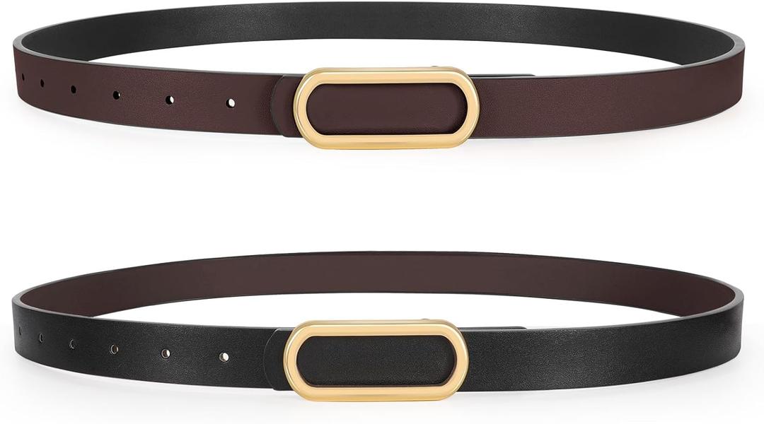 SANSTHS Reversible Belts for Women, Two-in-one Thin Waist Belt Women for Dresses Jeans Coats with Gold Buckle (Fits waist from 43"-46", 1pack-black/Coffee)
