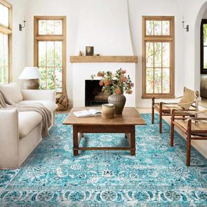 Doria Boho Area Rug, 9'12' Washable Oriental Rug, Non-Slip Vintage Floral Rug, Non-Shedding Traditional Carpet with Low Pile for Living Room, Bedroom, Dining, Office, Turquoise Blue