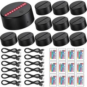 12 Sets 3D Night LED Light Lamp Base 16 Colors LED Light Display Base with Remote Control USB Cable for Acrylic and Resin Glass for Restaurant Room(3.74 Inch,Black)