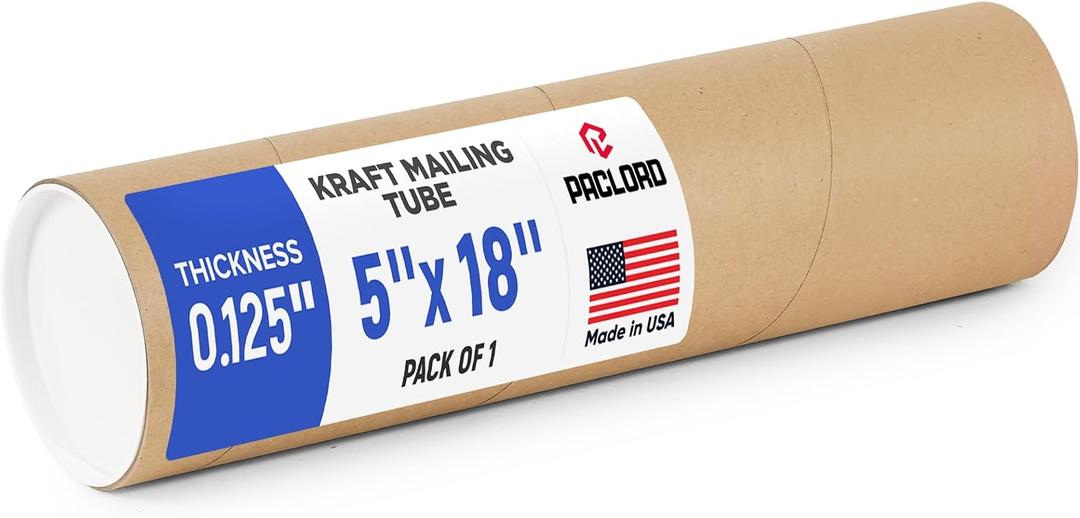5" x 18" Reinforced Kraft Paper Mailing Tube, Pack of 1 Tube with 2 Caps Secure USPS Approved Cardboard Poster Mailer for Shipping and Storing of Prints, Artwork, Posters, or Documents