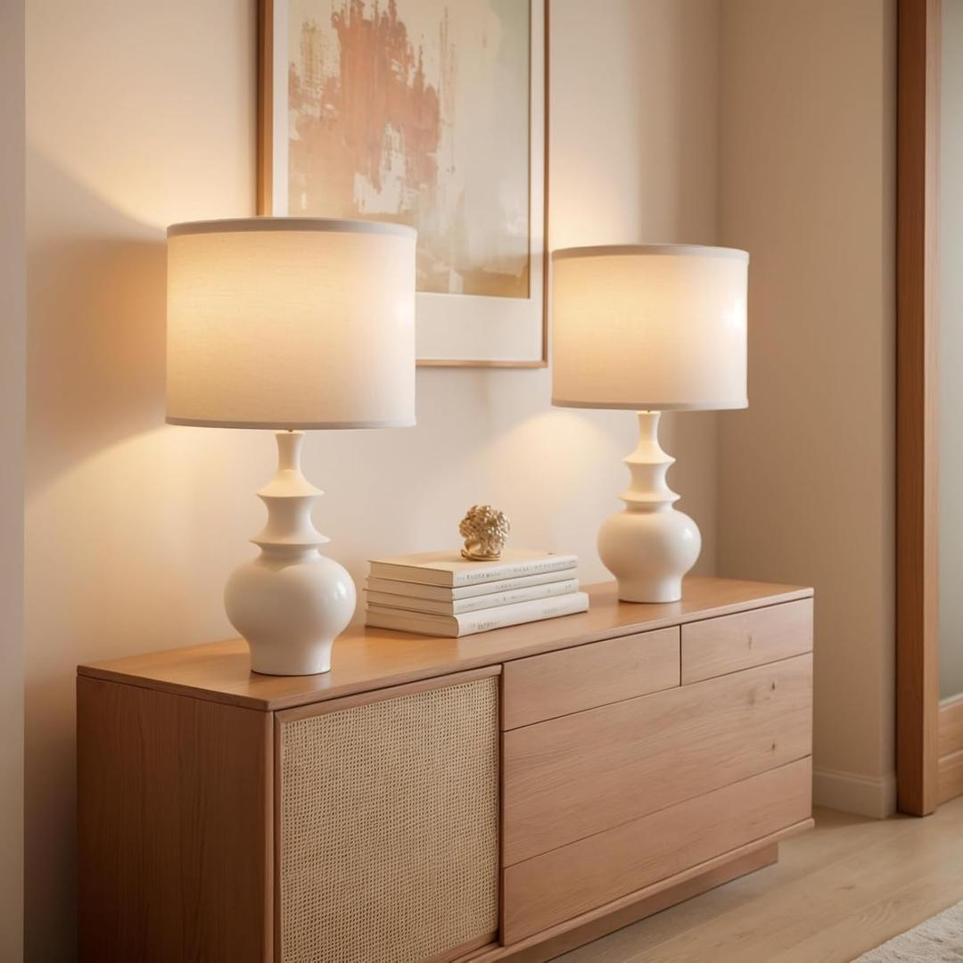 20" Modern Ceramic Table Lamps Set of 2, White Bedroom Lamps for Night Stands, Farmhouse Bedside Lamps for Bedroom Living Room, Small Nightstand Lamps Desk End Table Lamps White