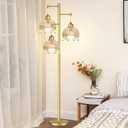 ILLMTW Gold Floor Lamp for Living Room,Bedroom,Mid Century Modern Standing Lamp Brass Tree 3 Light Tall Floor Lamps Vintage Retro Floor Lights Glass Amber Flower Lamp Shade Farmhouse Boho Bohemian