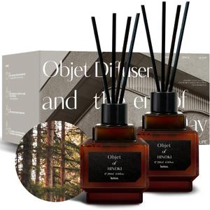 Hetras Objet Diffuser Gift Set 6.7 fl.oz. 2 Pack | Hinoki Cypress Scent | Long-Lasting Scented Room Fresheners with 8 Reed Sticks for Home Fragrance Bedroom Bathroom Shelf Dcor