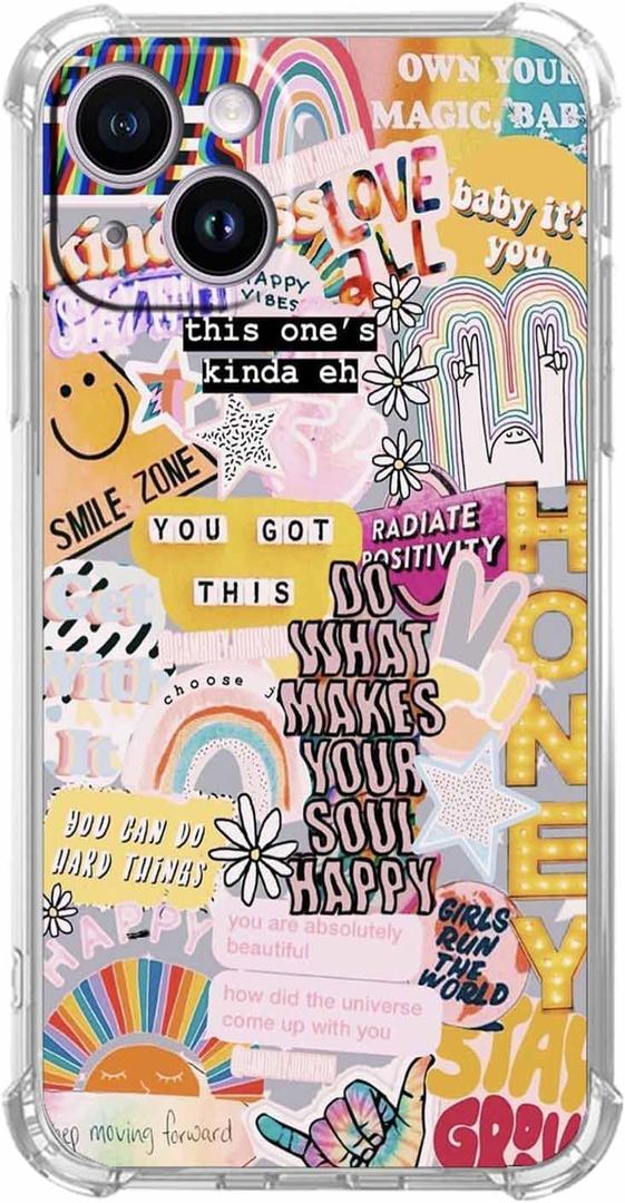 Positive Quotes Collage for iPhone 15 Case,Hippie Indie Aesthetic Pattern,Unique Soft TPU Bumper Case for iPhone 15