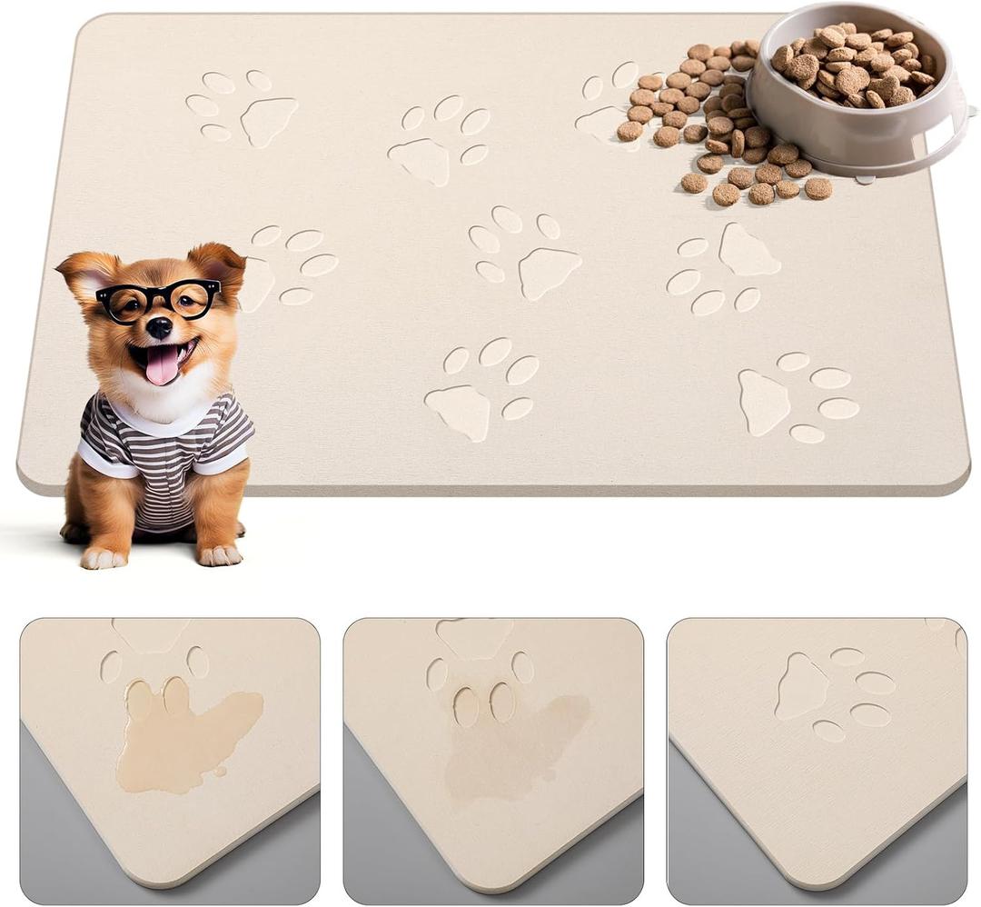 Drydiet Dog Gift Stone Mat for Dog Bowl Diatomaceous Earth Absorbent Non Slip Cat Puppy Mat for Food and Water Quick Drying Easy to Clean Placemat for Bowl Dish(Beige,16 x 12 Inch)