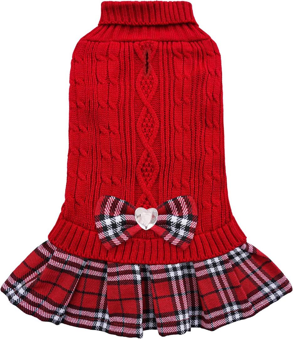 YUDODO Dog Sweater Dress for Small Dogs Girl with Bowtie Winter Warm Dog Turtleneck Sweater with Leash Hole Soft Puppy Knitwear Clothes Cute Doggie Dresses for Yorkie Chihuahua (Red, L)
