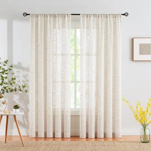 Linen Sheer Curtains for Bedroom 63inch Length Natural Semi Sheer Curtains for Living Room Kitchen Light Filtering Country Rustic Window Curtain Panels for Home Office Rod Pocket 52"W 1 Piar