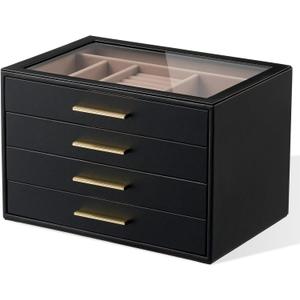 pickpiff Jewelry Box Organizer Case for Women: 4-Layer Jewelry Storage Case with Glass Window, Black Leather with Blush Velvet, Holder for Ring Necklace Bracelet Brooch Watch, Great Gift for Her