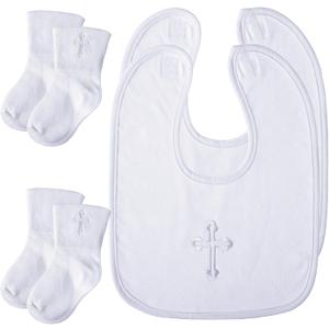Jiuguva 4 Pcs Baptism Bibs and Socks Set Christening Bib for Baby White Embroidered Cross Baptism Outfit for Boy Girl(7.9 x 11 Inch)