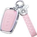 Compatible with Toyota Key Fob Cover with Keychain, Pink Genuine Leather Crystal Key Case Protection Shell for 2018-2022 Camry RAV4 Highlander C-HR Prius Corolla Avalon GT86