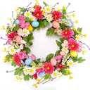 18 inch Easter Wreath Decorations for Home Easter Door Wreaths for Front Door Artificial Spring Flower Eggs Wreaths Decorations for Home Indoor Outdoor Outside Porch Wall