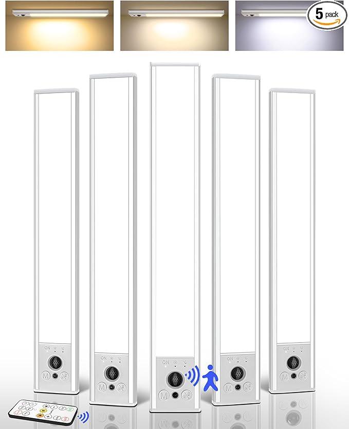EZVALO 5Pack Under Cabinet Lighting, 3300mAh Rechargeable Motion Sensor Light, 12inch Magnetic Closet Lights with Dimmable & 3 Color Temps, Wireless Motion Activated Lights with Remote for Kitchen