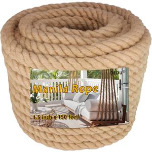 Manila Rope 1.5 Inch X 150 Ft, Natural Hemp Rope 4 Strand Twisted, Large Thick Heavy Duty Multipurpose for Swing Bed, Camping, Tug of War, Docks, DIY Projects.