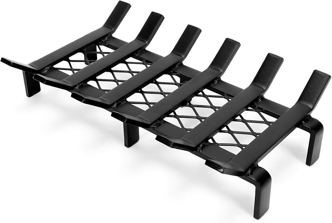 WILLOW WEAVE 17" Fireplace Grate with Ember Retainer, Wood Stove Grate Rack, Heavy Duty Solid Steel 6-Bars Firewood Holder, Non-Assembly Fire Grate for Indoor Hearth Outdoor Firepit - Matt Black