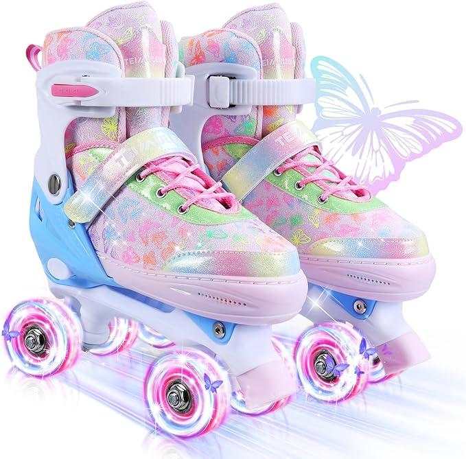 Kids Roller Skates, 4 Size Adjustable Quad Skates with All Light Up Wheels, 10C to 8 Rollerskates for Toddlers, Beginners, Boys, Girls, Outdoor, Indoor, Pink, Medium
