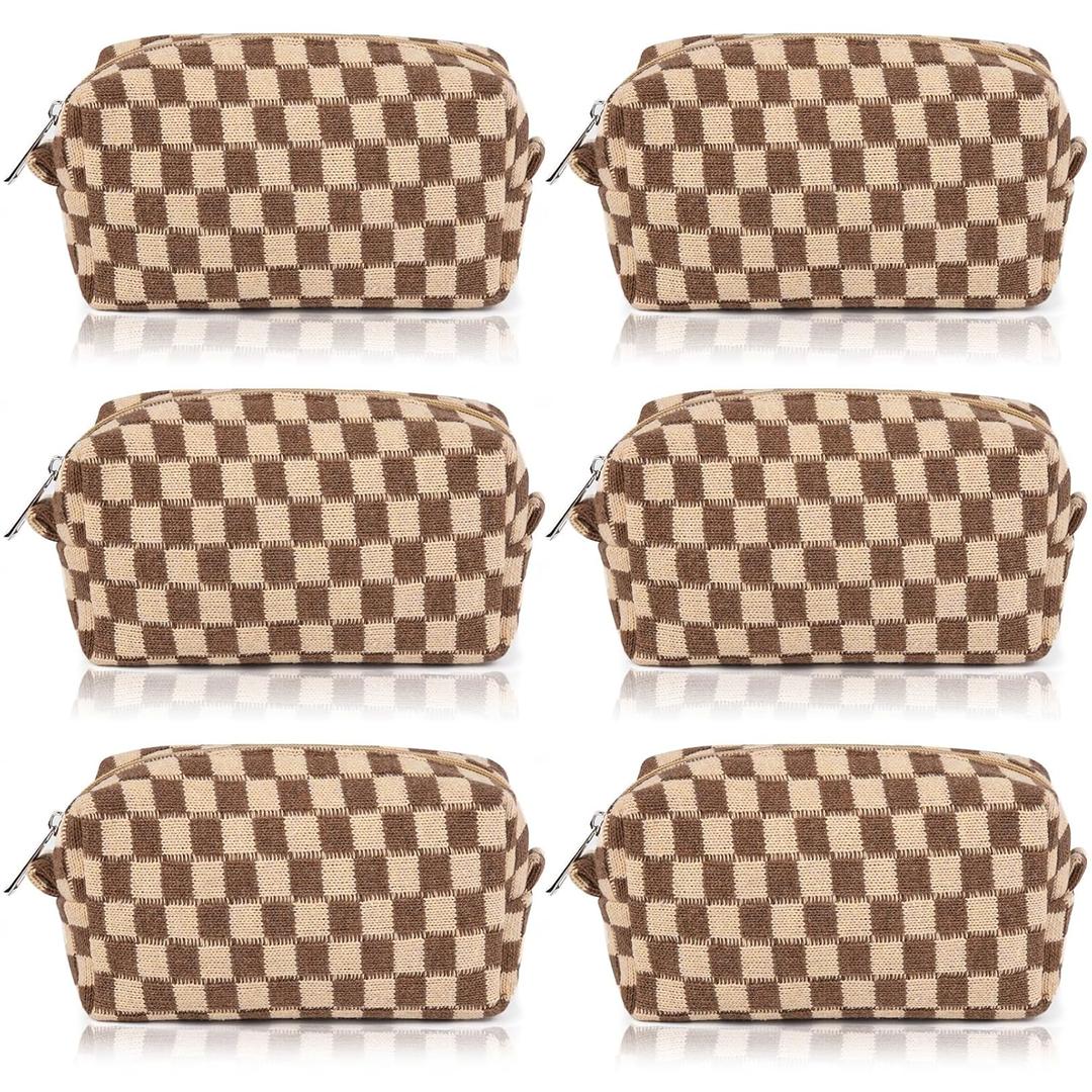 SOIDRAM Checkered Makeup Bag Preppy Cosmetic Bag Bulk Brown Makeup Pouch Personalize Travel Toiletry Bag Organizer Cute DIY Makeup Brushes Storage Bag for Women (6PCS BOX POUCH)