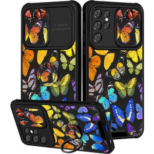 Goocrux (2in1 for Samsung Galaxy S21 Ultra Case Butterfly Women Girls Girly Pretty Phone Cover with Slide Camera Cover+Ring Holder Cute Colorful Rainbow Butterflies Design Cases for S21 Ultra 6.8''
