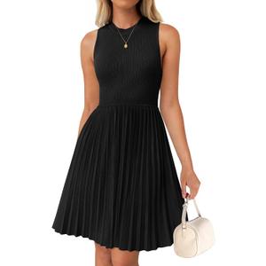 ZESICA Women's Summer Sleeveless Mini Dress 2026 Crewneck A Line Knit Pleated Swing Business Casual Work Party Short Dresses (Black, Large)