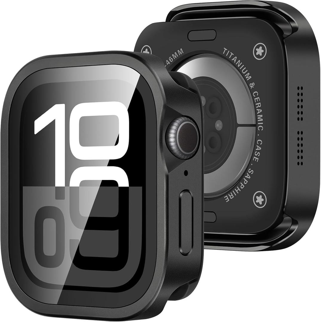 Amizee Metal Case Compatible with Apple Watch Series 11/10 46mm Case with Built-in Screen Protector, Straight Edge Ultra Thin with Back Cover Protective Cover for iWatch 46mm, Black