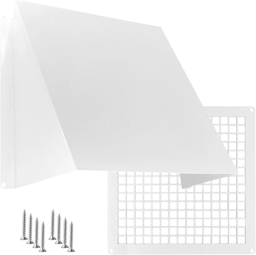 Outdoor Dryer Vent Cover with Mesh 8x8 inch - Metal Wall Rain Cover with Bird Protection Guard - White Vent Hood with Grid - Weatherproof Exhaust Grille for Duct Openings