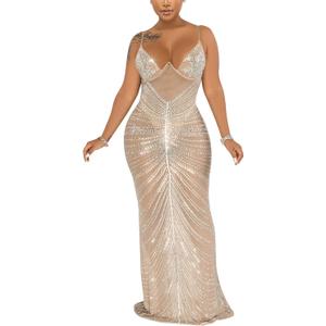 WOKANSE Women Sexy Glitter Rhinestone Spaghetti Strap Bodycon Mesh Sheer Club Party Maxi Dress (Large, 3-apricot)